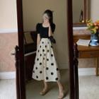 Short-sleeve Plain Knit Top / Dotted Midi A-line Skirt