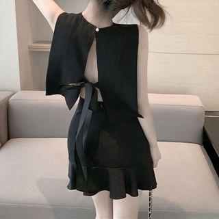 Set: Sleeveless Bow-back Blouse + A-line Skirt