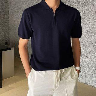 Short-sleeve Plain Half-zip Top