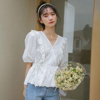 V-neck Ruffle Trim Tie-waist Blouse