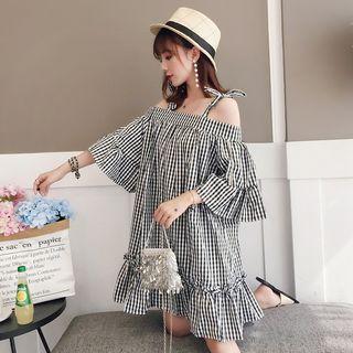 Plaid Elbow-sleeve Cold Shoulder Dress