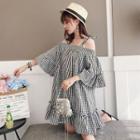 Plaid Elbow-sleeve Cold Shoulder Dress
