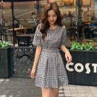 Plaid Cut-out Elbow-sleeve Mini A-line Dress