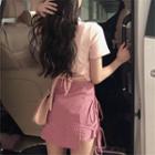 Set: Short-sleeve Cropped T-shirt + Plaid A-line Mini Skorts