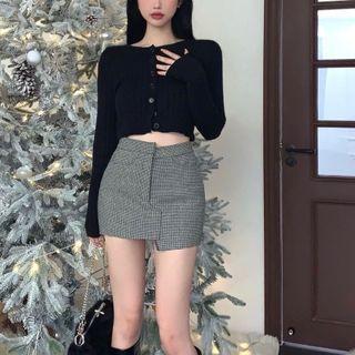 Button-up Knit Crop Top / Asymmetrical Mini Pencil Skirt