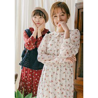 Peter Pan-collar Floral Chiffon Long Dress