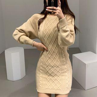 Round Neck Cutout Back Cable Knit Mini Sheath Dress