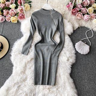 Round-neck Zip-detail Long-sleeve Knit Dress Gray - One Size