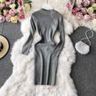 Round-neck Zip-detail Long-sleeve Knit Dress Gray - One Size