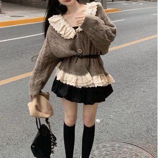 Ruffle Lace Trim Cardigan / Mini A-line Skirt