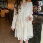 Long-sleeve Fringed Mini A-line Dress White - One Size