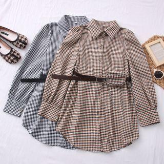 Checker Puff-sleeve Mini Shirtdress With Belt