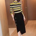 Set: Striped Turtleneck Long-sleeve Knit Top + Midi Straight-fit Skirt