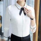 Mini Pencil Skirt/ Contrast Trim Bow Accent Long-sleeve Shirt/ Dress Pants/ Contrast Trim Vest