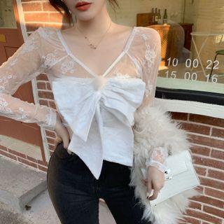 V-neck Long Sleeve Bow-accent Lace Top Top - One Size
