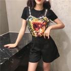 Mock Two-piece Short-sleeve Sequined T-shirt / Wide Leg Shorts