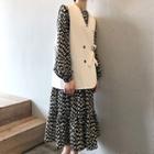 Long-sleeve Dotted Maxi Dress / Tie-front Vest