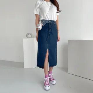 Slit-front Contrast-trim Denim Long Skirt