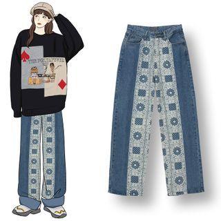 Patterned Straight-cut Jeans
