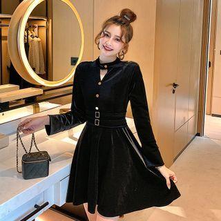 Long-sleeve V-neck Velvet Mini A-line Dress