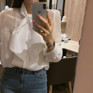 Scarf-neck Sheer Blouse Ivory - One Size