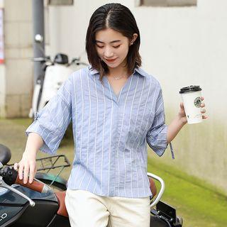 Pinstriped Elbow-sleeve Blouse Blue - One Size
