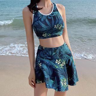 Set: Leaf Print Bikini Top + Swim Skirt + Long Sleeve Zip Hooded Jacket