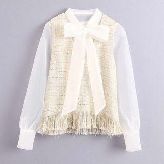 Fray Hem Mesh Panel Ribbon Blouse