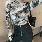 Long-sleeve Tie-dye Drawstring Crop Top Black & White - One Size