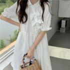Short-sleeve Bow Accent Collared Dress White - One Size