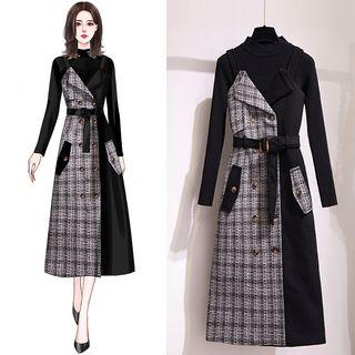 Set: Mock Neck Long-sleeve Top + Plaid Panel Midi Pinafore Dress