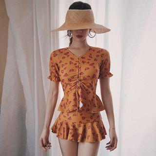 Set: Floral Short-sleeve Swim Top + Swim Skort