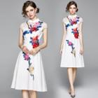 Short-sleeve Floral Printed Midi A-line Dress
