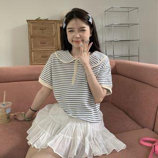 Short-sleeve Half-zip Striped Top Stripes - Blue & White - One Size