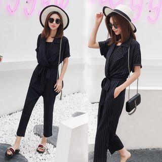 Pinstriped Short-sleeve Jumpsuit