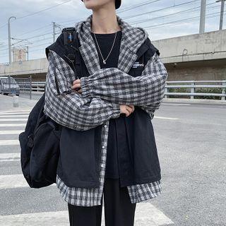 Mock Two-piece Plaid Panel Hooded Cargo Jacket