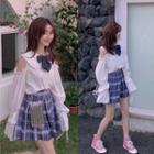 Long-sleeve Ribbon Cold-shoulder Blouse / Plaid Mini Skirt