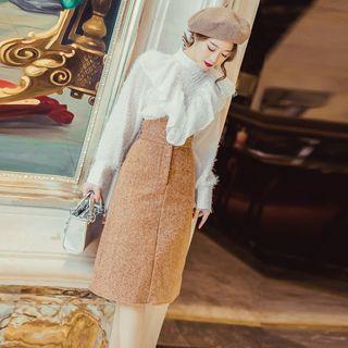 Set: Mock Neck Feather-accent Blouse + High Waist A-line Skirt
