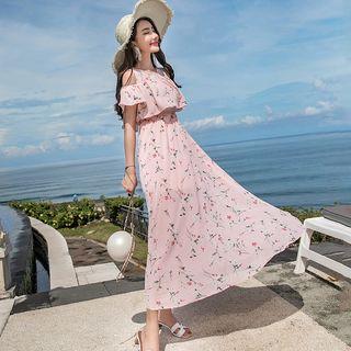 Short-sleeve Cold Shoulder Floral Print A-line Midi Dress
