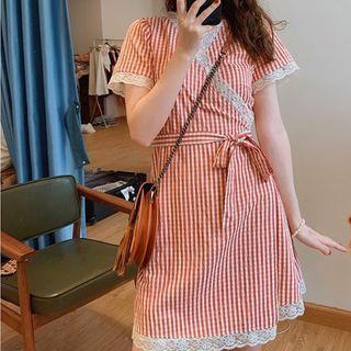 Short-sleeve Lace Trim Gingham Mini Dress