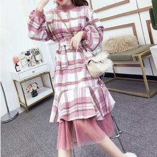 Mock Two-piece Long-sleeve Midi A-line Plaid Dress