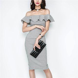 Plaid Ruffle Trim Off Shoulder Short Sleeve Midi Dress