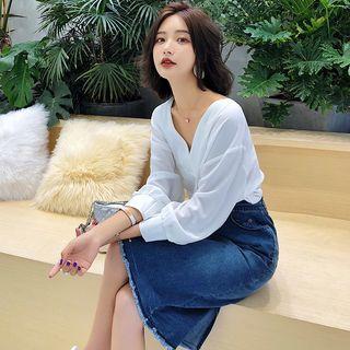Set: V-neck Blouse + Washed Denim Skirt