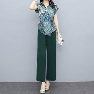 Set: Sleeveless Paisley Print Blouse + Wide Leg Pants