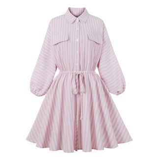 Bishop-sleeve Striped Drawstring-waist A-line Shirtdress