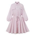 Bishop-sleeve Striped Drawstring-waist A-line Shirtdress