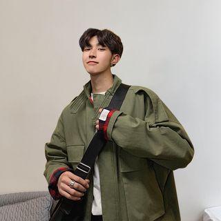 Plaid Panel Zip Utility Jacket