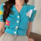 Short-sleeve Floral Print Cardigan Sky Blue - One Size