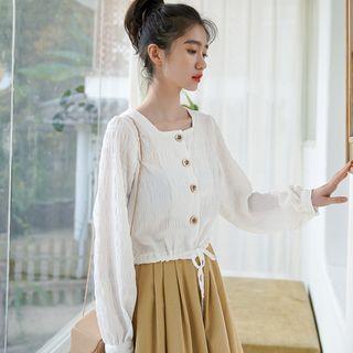 Square-neck Drawstring Blouse White - One Size