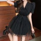 Short-sleeve V-neck Sheer Panel A-line Dress